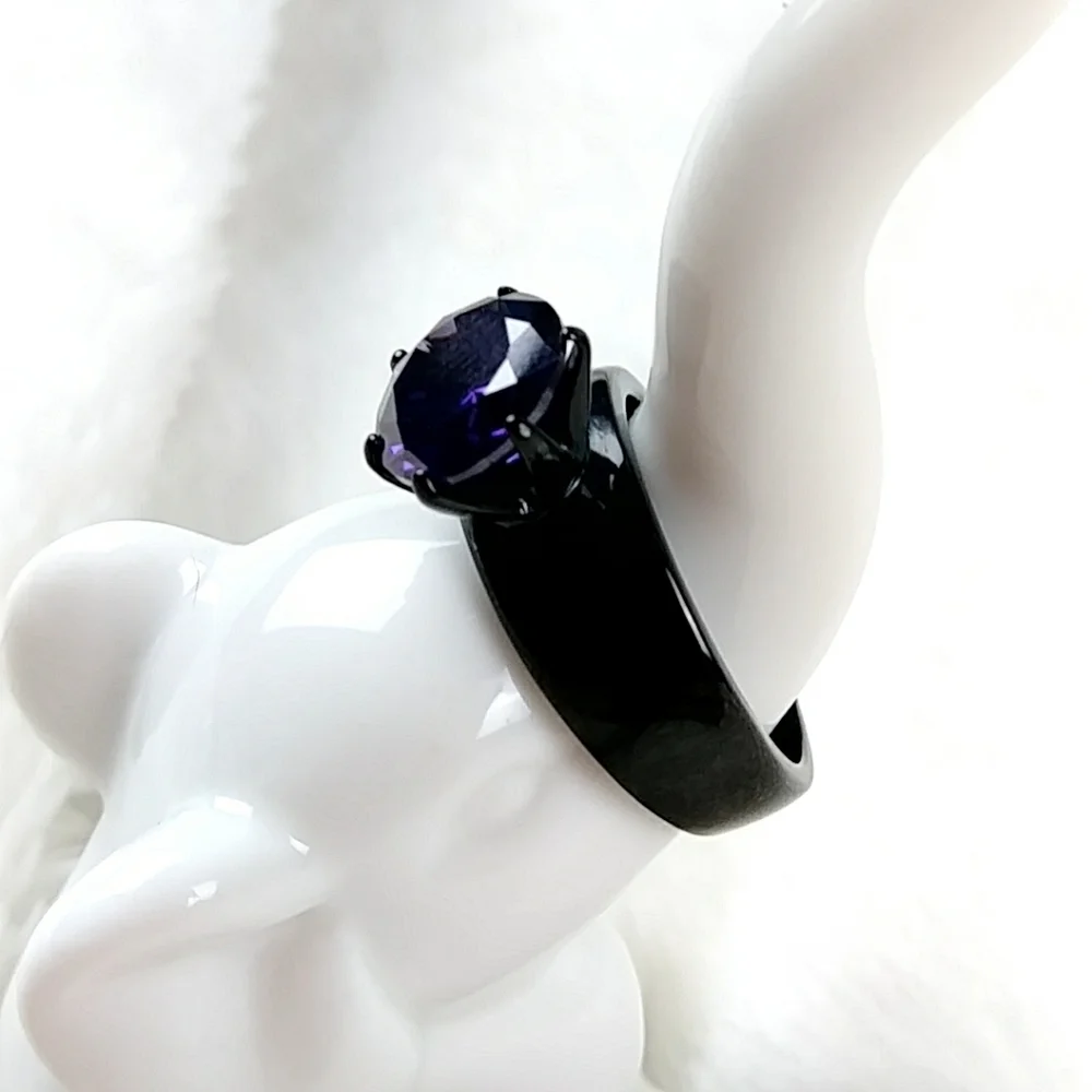 Goth Purple Solitaire Black Stainless Steel Ring - Picture 10 of 14